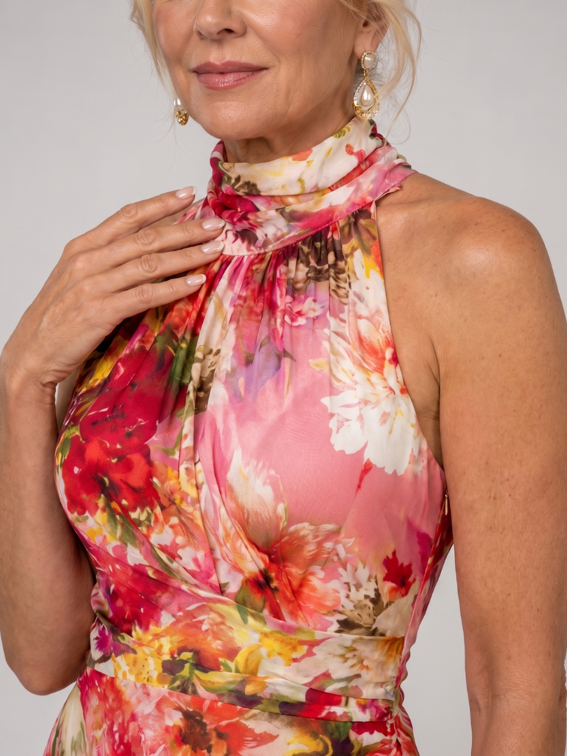 Floral Print Halter Neck Ruffle Backless Maxi Gown 3