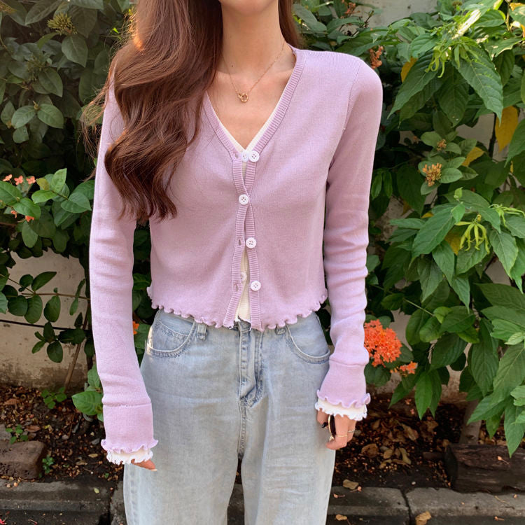 KittenAlarm - Ruffle V-Neck Slim Cardigan Sweater