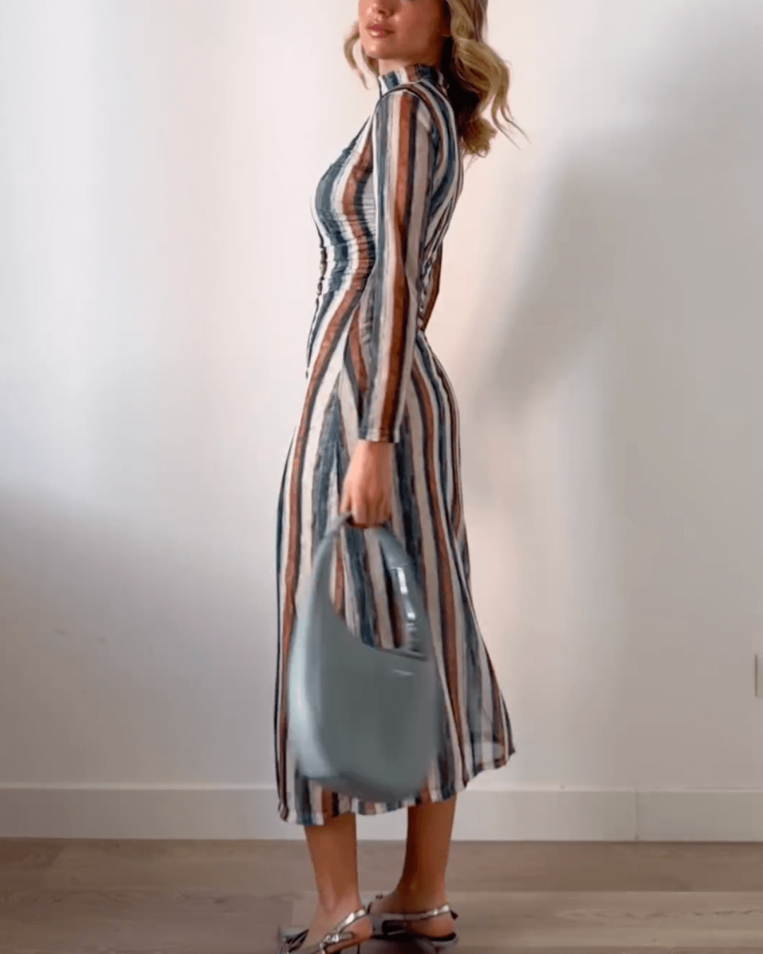 High Neck Long-sleeved Midi Dress - Fashionpara