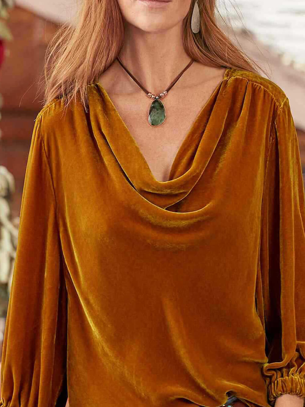 Long Sleeve Solid Velvet Pile Neck Pleated T-Shirt - Fashionpara
