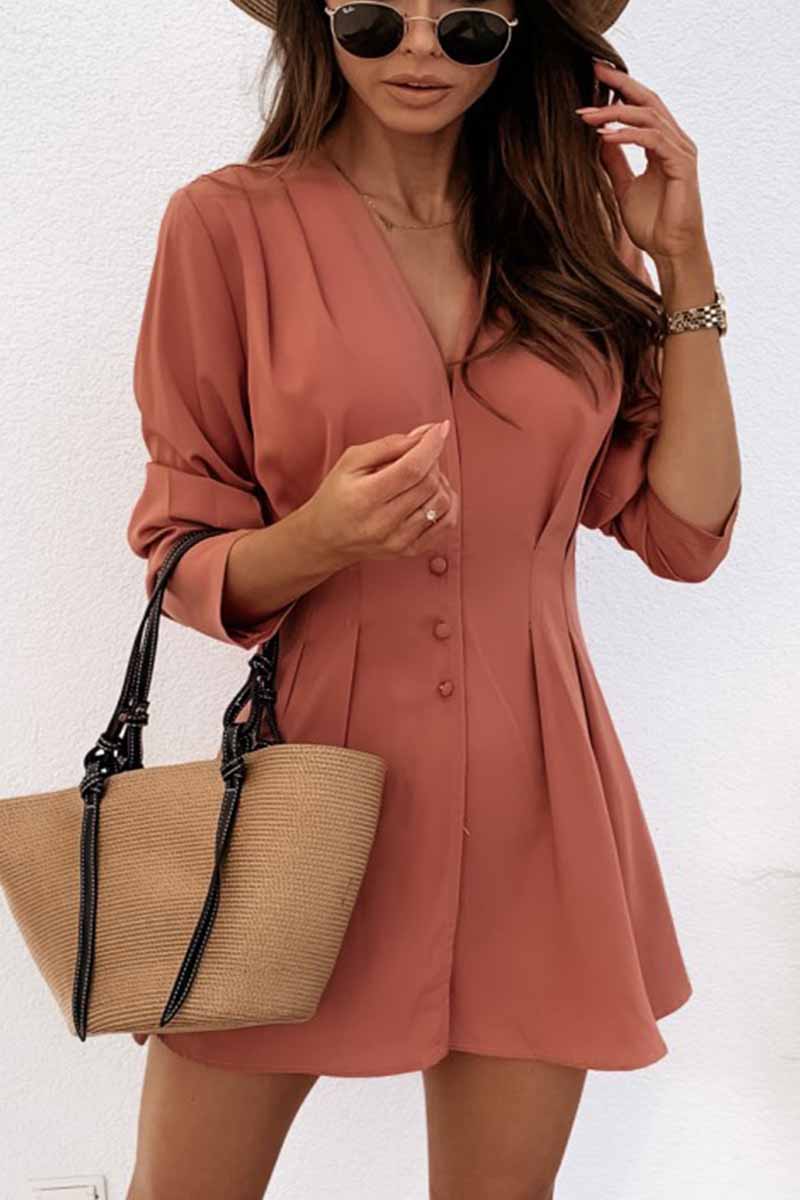 Florcoo V-neck Button Long Sleeve Mini Dress