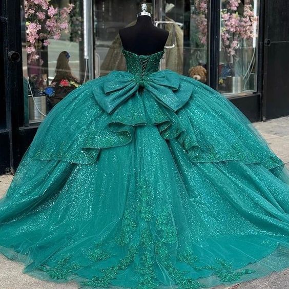 Green Appliques Lace Tull Ball Gown Quinceanera Dress Off The Shoulder Glitter Crystal Corset Dress - Fashionpara
