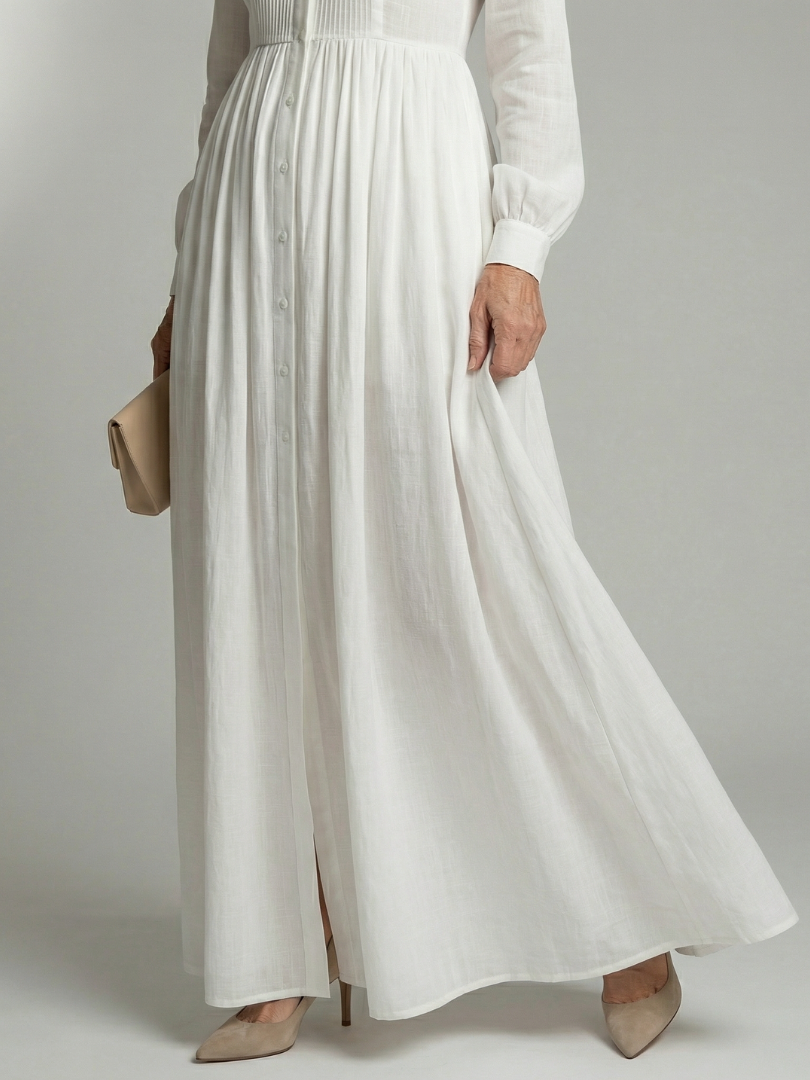 Collared Long Sleeve Pintuck Button Front Maxi Shirt Dress 3