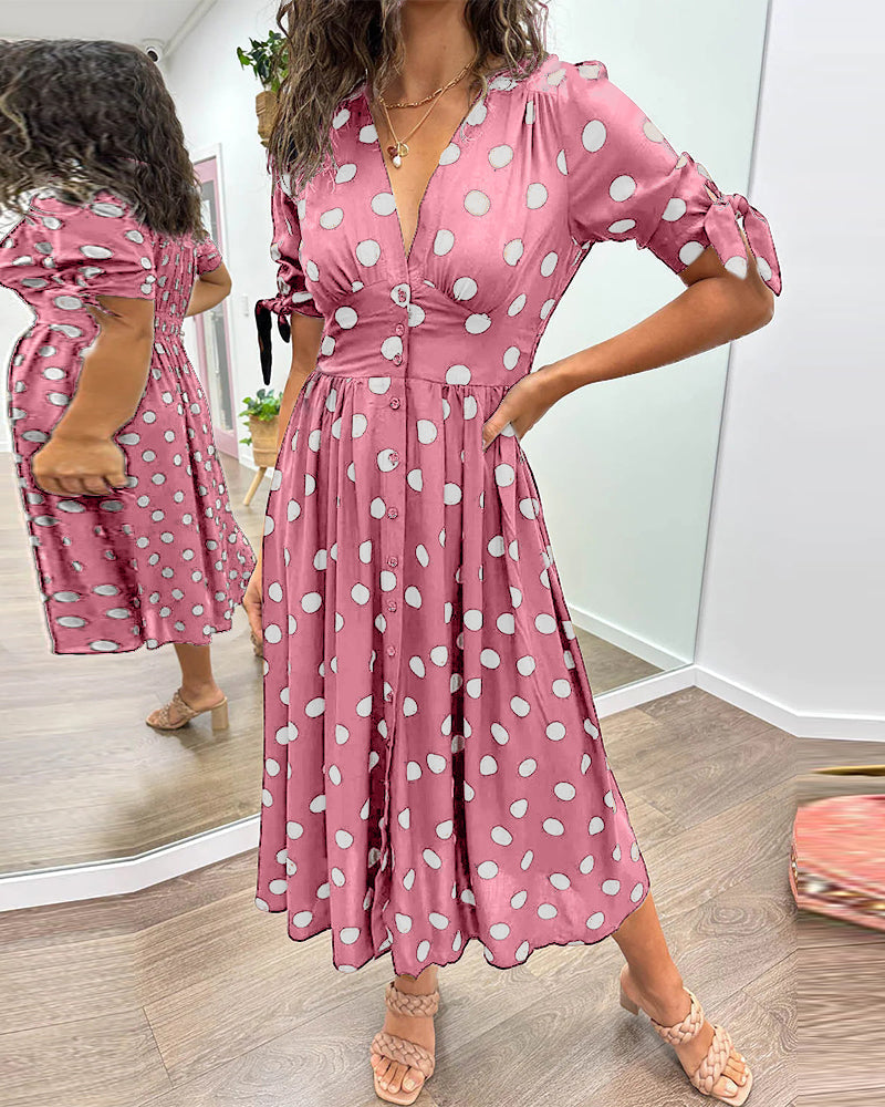 Polka Dot Deep V-Neck Button Front Puff Sleeve Tie Cuff Midi Dress - View 20