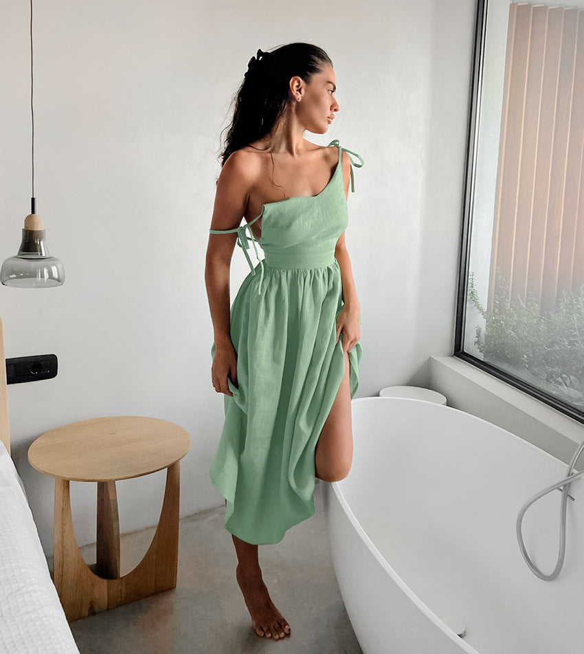Linen Sweetheart Tie-Shoulder Gathered Midi Dress 2
