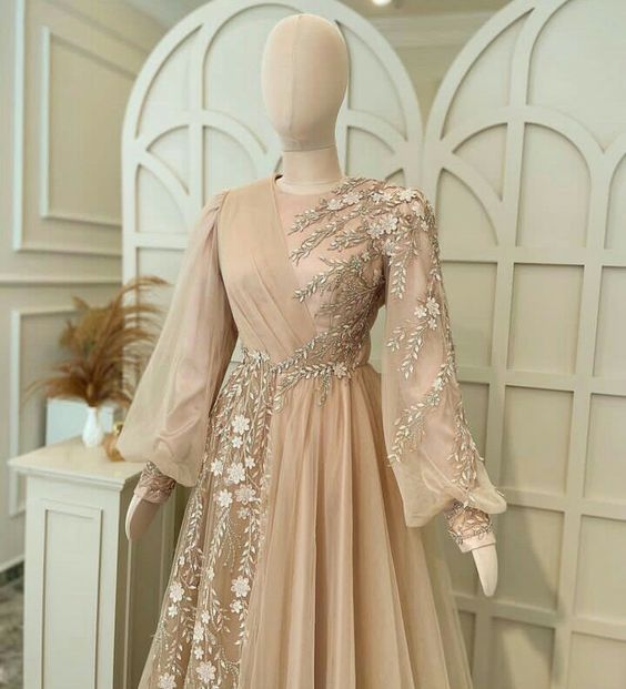 Elegant evening dress tulle muslim dress, wedding guest dress, champagne special occasion dress