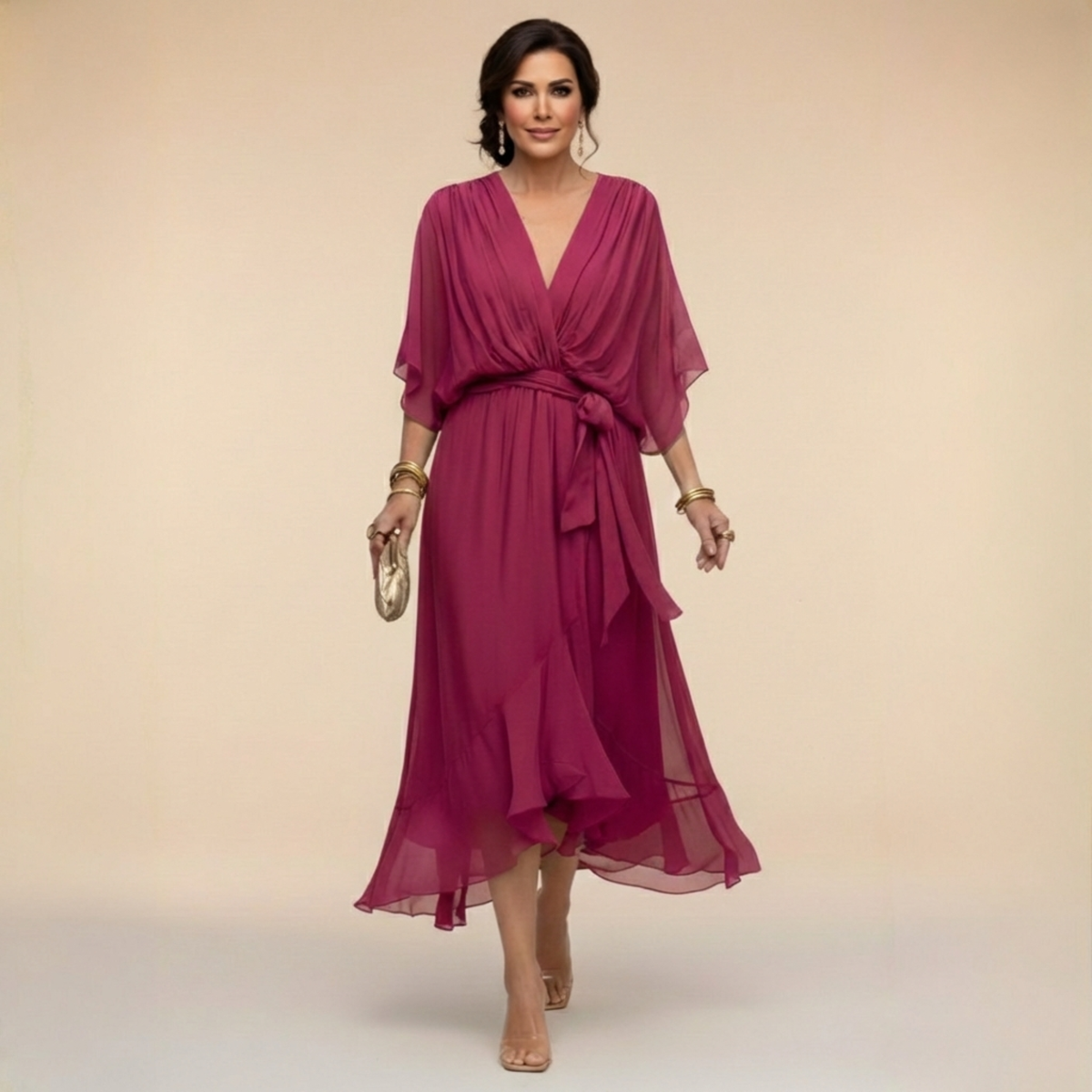 Chiffon Wrap V-Neck Tie Waist Ruffle Hem Midi Dress 6