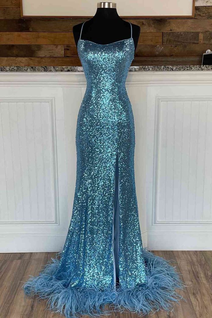 Long Sequined Straps Prom Dress with Feather Hem - Fashionpara
