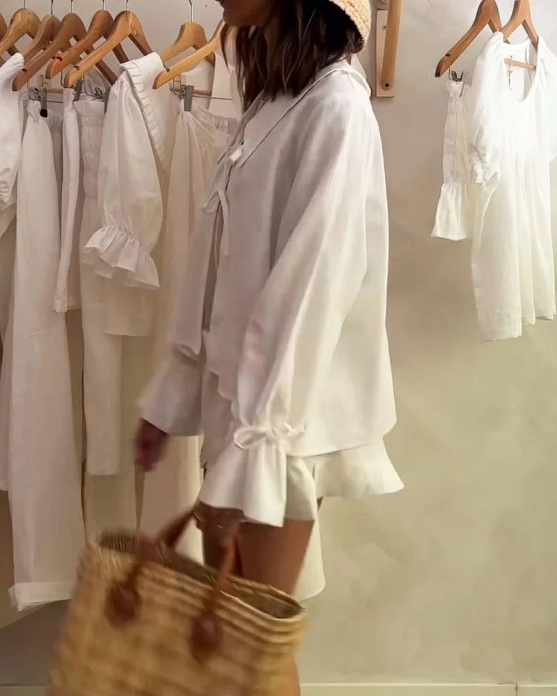 Casual Solid Cotton Linen Lace-Up Top & Shorts Two-Piece Set - Fashionpara