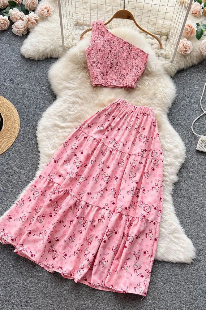 Set Floral Print Crop Tops + High Waist A-line Long Skirts Beach Ladies Two Piece Set
