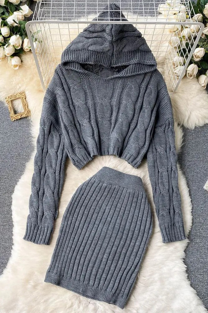 Chic Hooded Sweater and High-Waist Mini Skirt Set