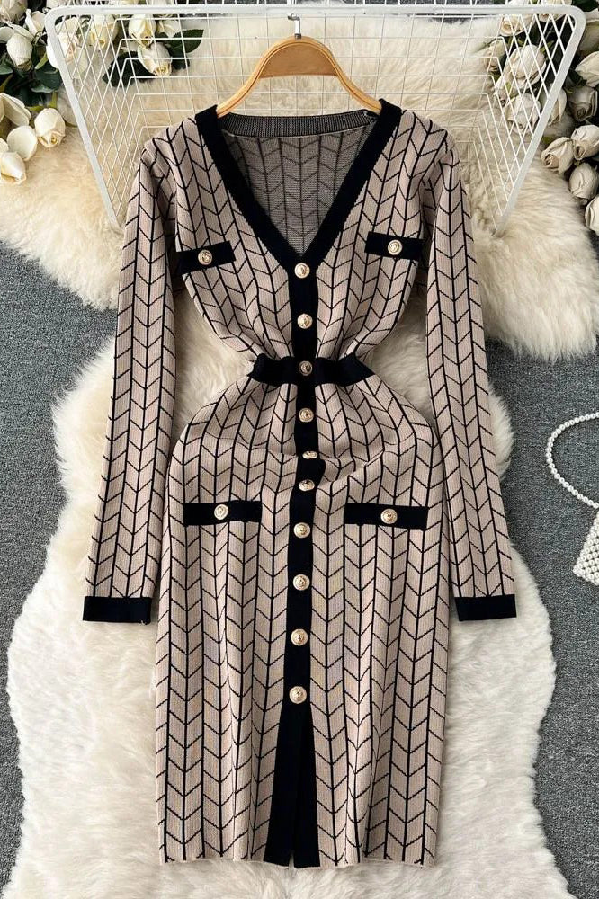 V-neck Button-Up Knitted Sweater Dress for Elegant Style