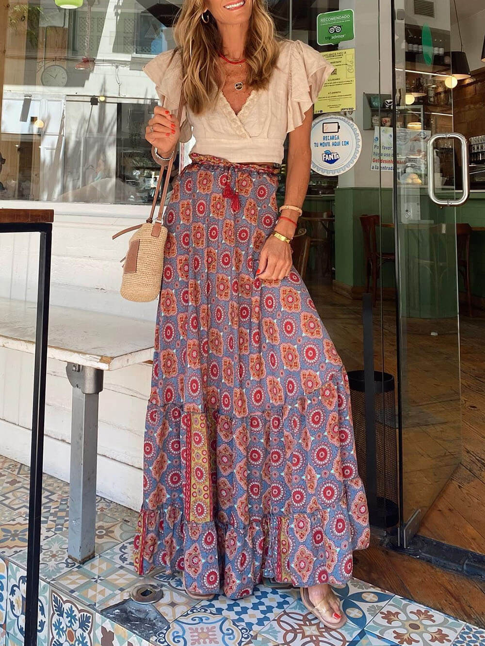 Bohemian Print Elastic Waist Tassel Maxi Skirt - Fashionpara