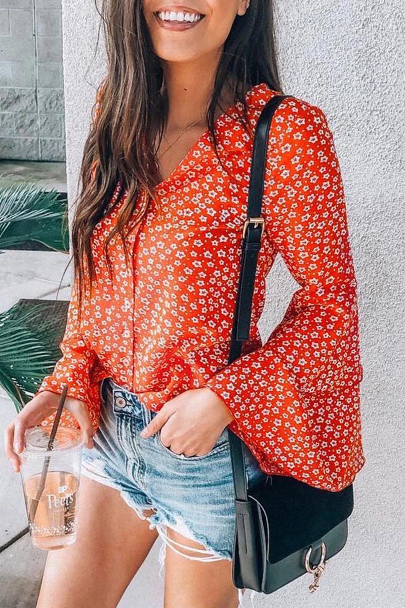 Florcoo V Neck Floral Printed Flared Sleeve Blouse