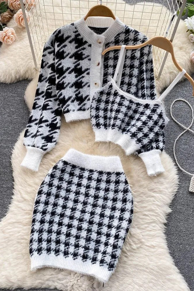 Chic Three-Piece Knitted Set with Cardigan and Mini Skirt