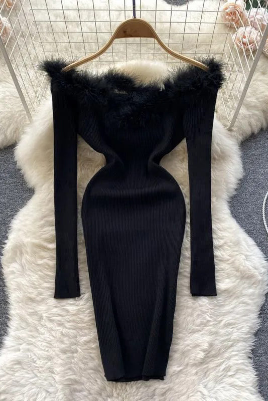 Fur Patchwork Off-Shoulder Knitted Mini Dress for Parties