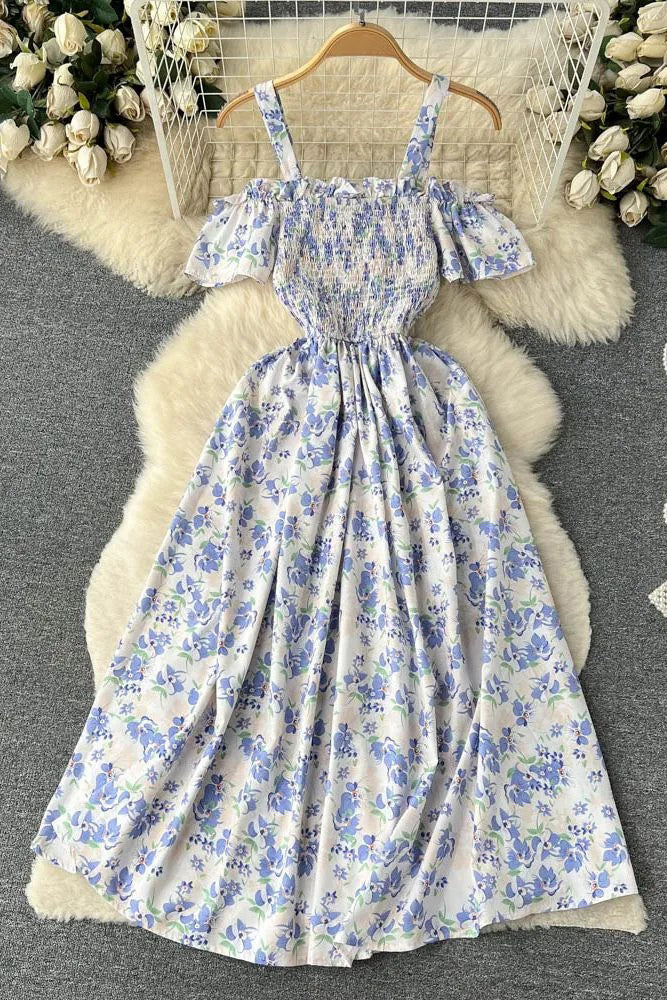 Romantic Floral Print Long Dress Off Shoulder Puff Sleeve Party Dress