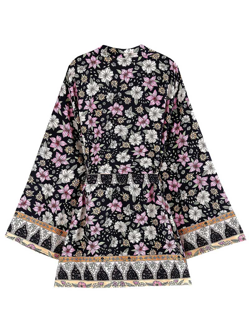 Bridal Wear Floral Print Orange & Black Cotton Short Length Gown Kimono Duster Robe 3