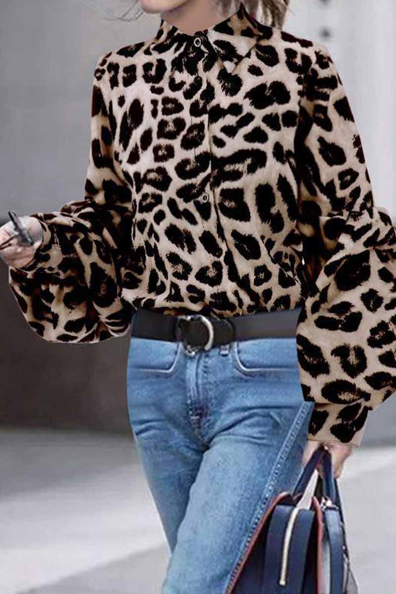 Florcoo Loose Leopard Print Shirt Collar Long Sleeves Tops