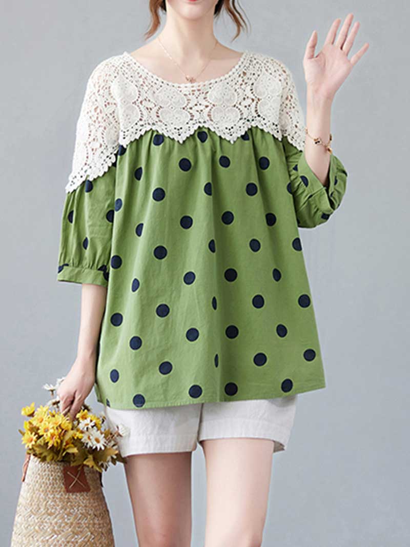 Polka Dot Print Cotton Floral Net Lace Shirt Top - Fashionpara