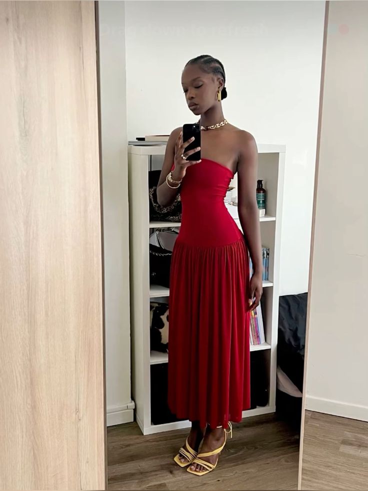 Red Strapless A-Line Long Party Dress Wedding Guest Dress