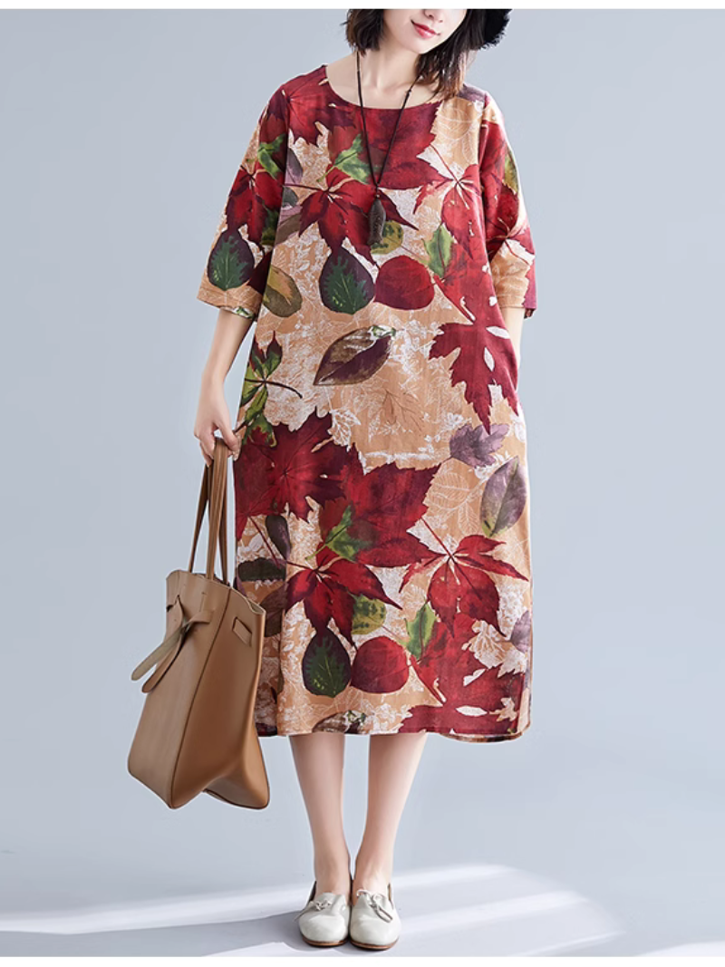 Floral Print Round Neck Half Sleeve A-Line Midi Dress 2
