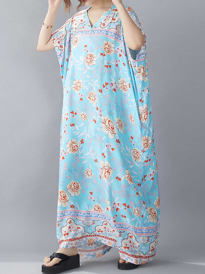 Floral Print V-Neck Short Sleeve Kaftan Maxi Dress 4
