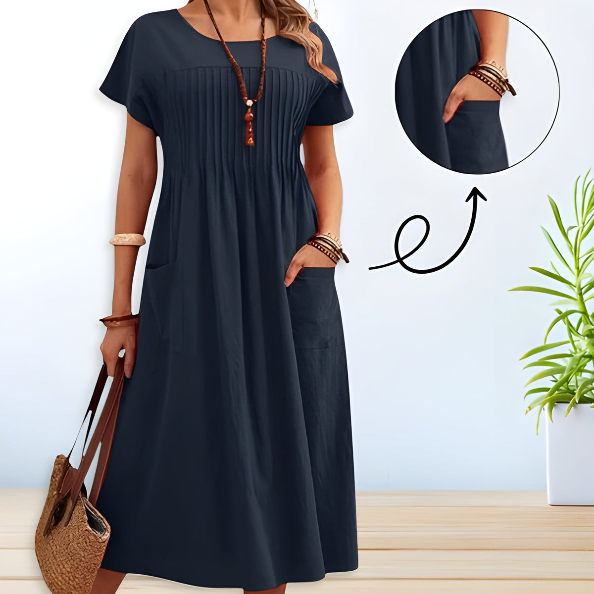 Round Neck Short Sleeve Pintuck Pocket Midi Dress 2
