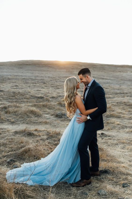 Sky Blue Chiffon Split Beach Wedding Dress With Court Train Prom Dresses