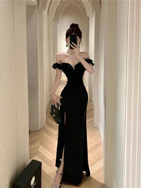 Ruffled Off Shoulder Strapless Black Evening Dress - Fashionpara