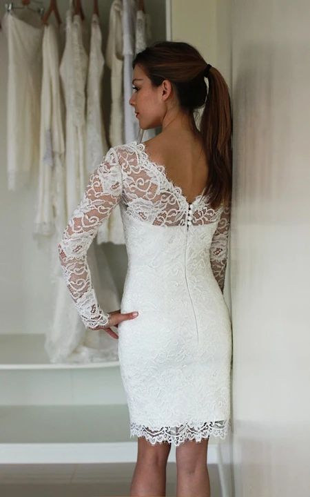 Long Sleeve Lace Short Fitted Wedding Dress