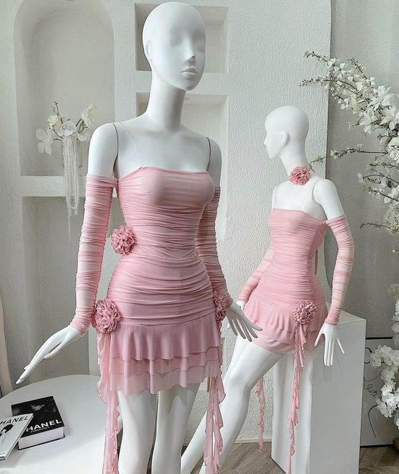 Strapless Off The Shoulder Pink Homecoming Dress With Flowers - Fashionpara