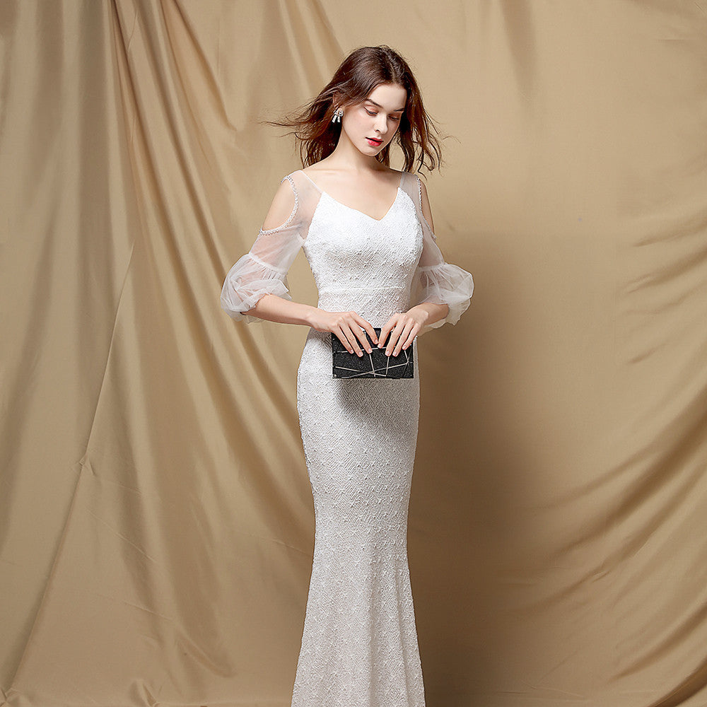Embellished V-Neck Puff Sleeve Mermaid Gown