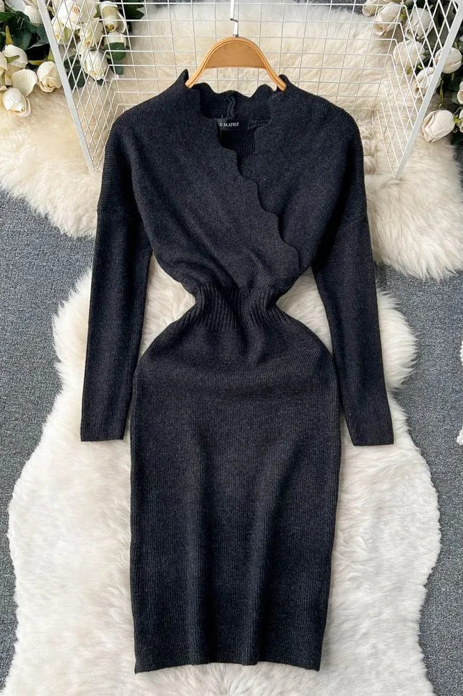 Elegant Cross V-neck Knit Sweater Dress for Women
