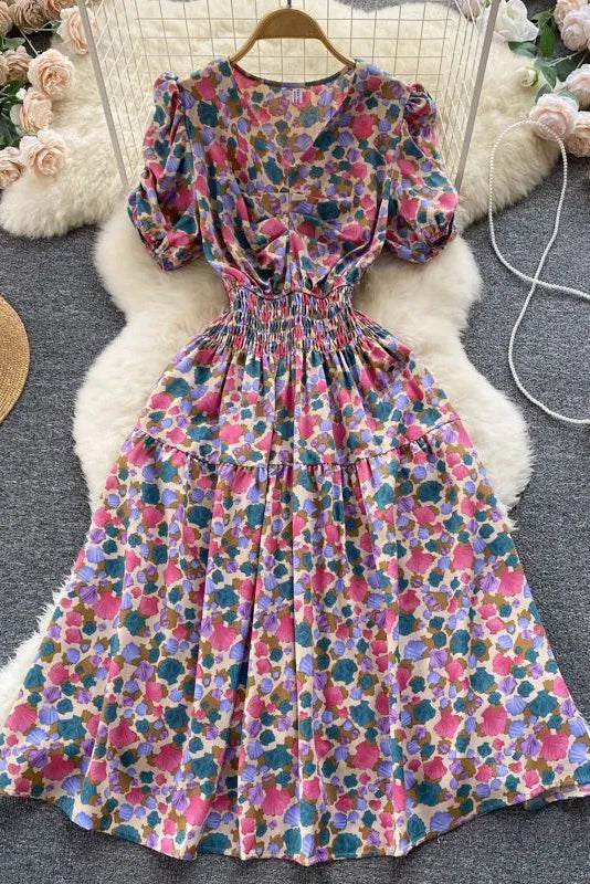 Slim Elastic Waist Corset Floral Print Long Dress