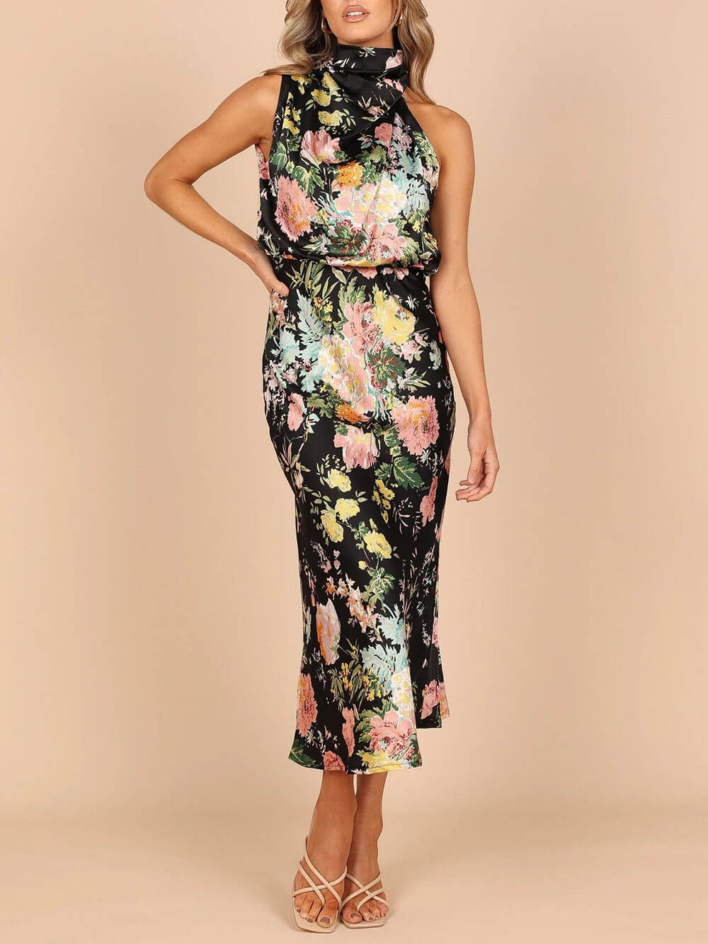 Floral Halter Neck Elastic Waist Maxi Dress - Fashionpara