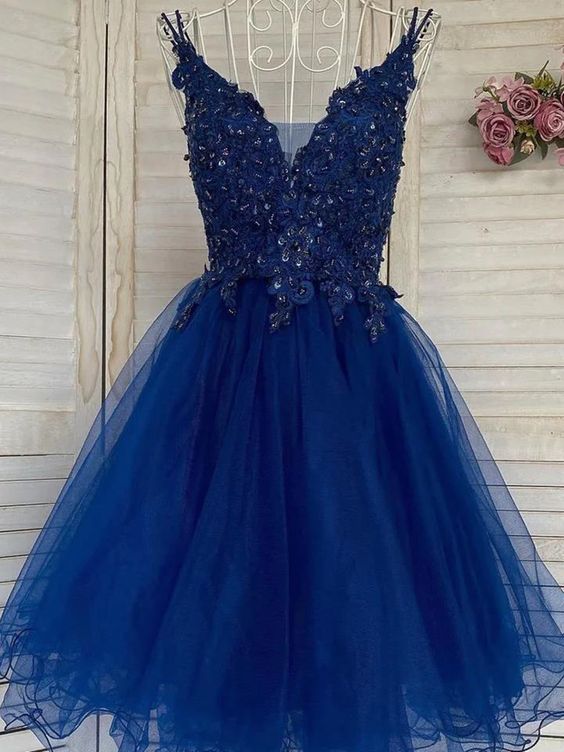 V Neck Blue Tulle Lace Short Prom Dresses, V Neck Blue Tulle Lace Short Formal Evening Dresses - Fashionpara