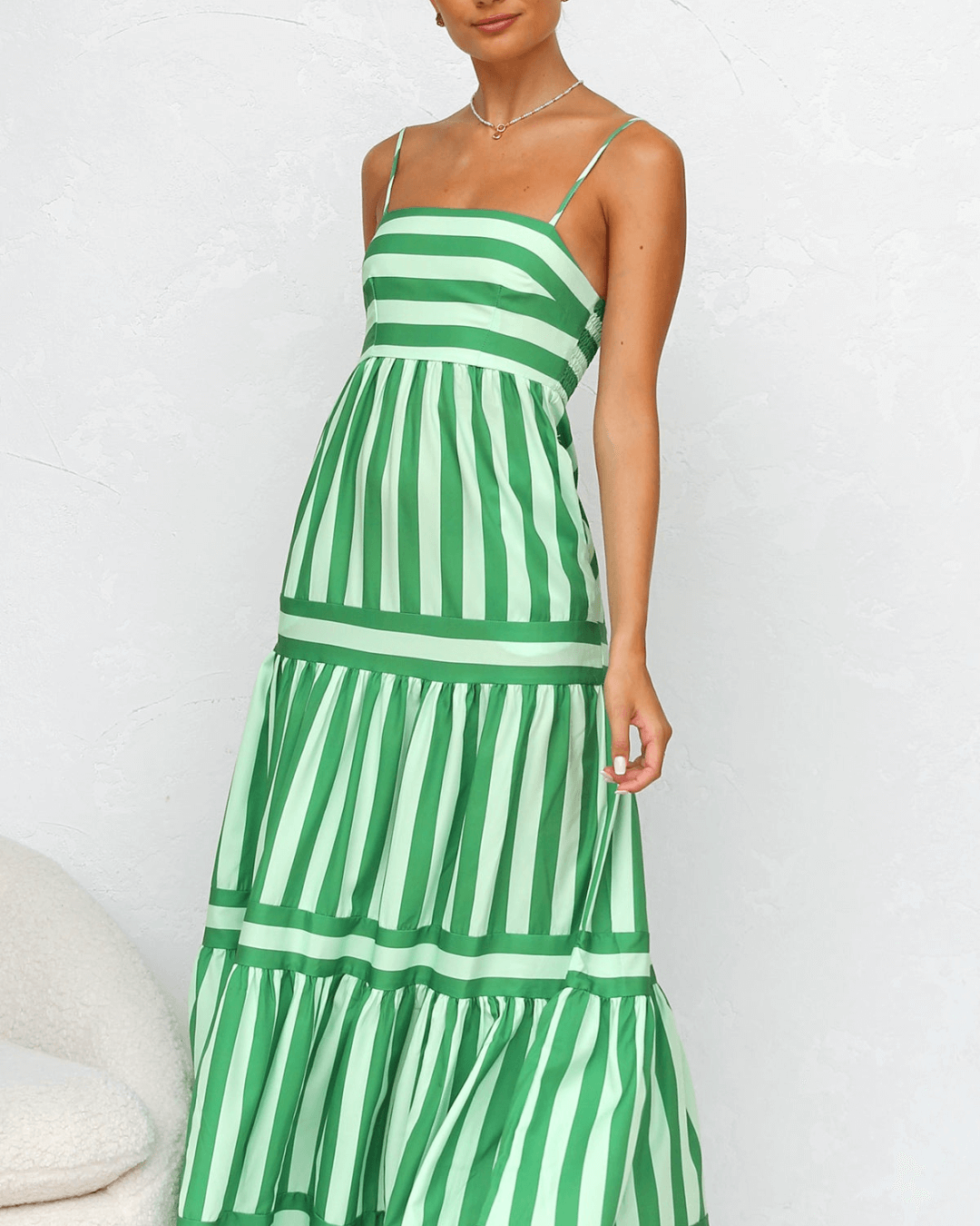 Multi Green Striped Maxi Dress - Fashionpara
