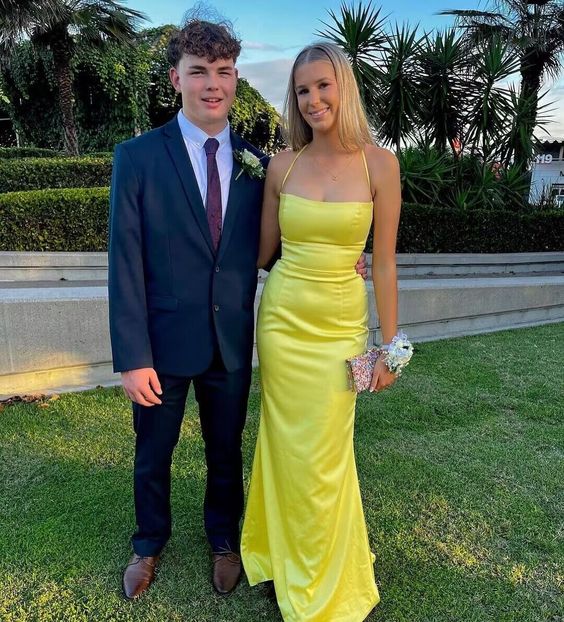 Yellow Mermaid Back Open Satin Prom Dress, Formal Dresses Long - Fashionpara