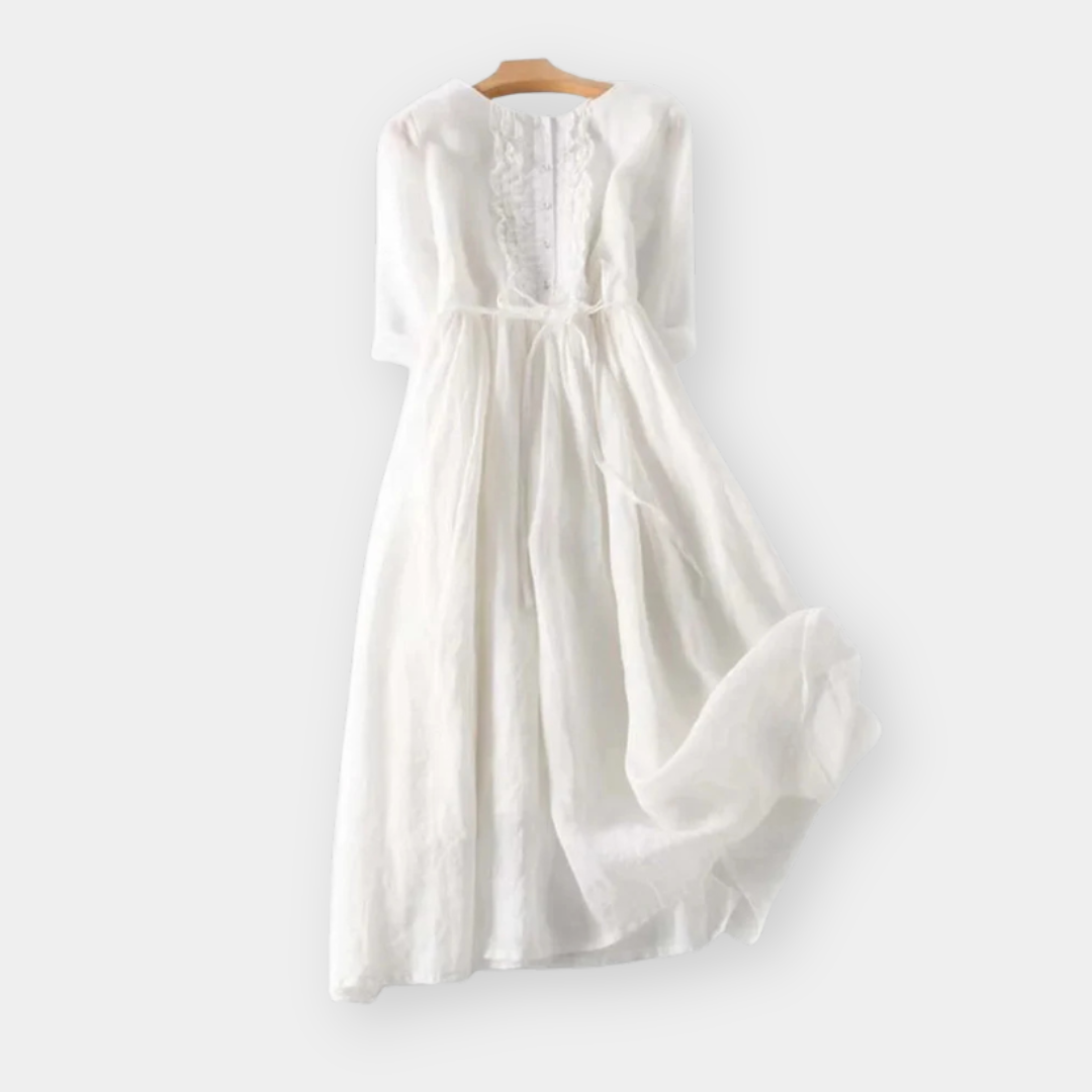 Pintuck Front Half Sleeve Tie Waist Linen Midi Dress 2