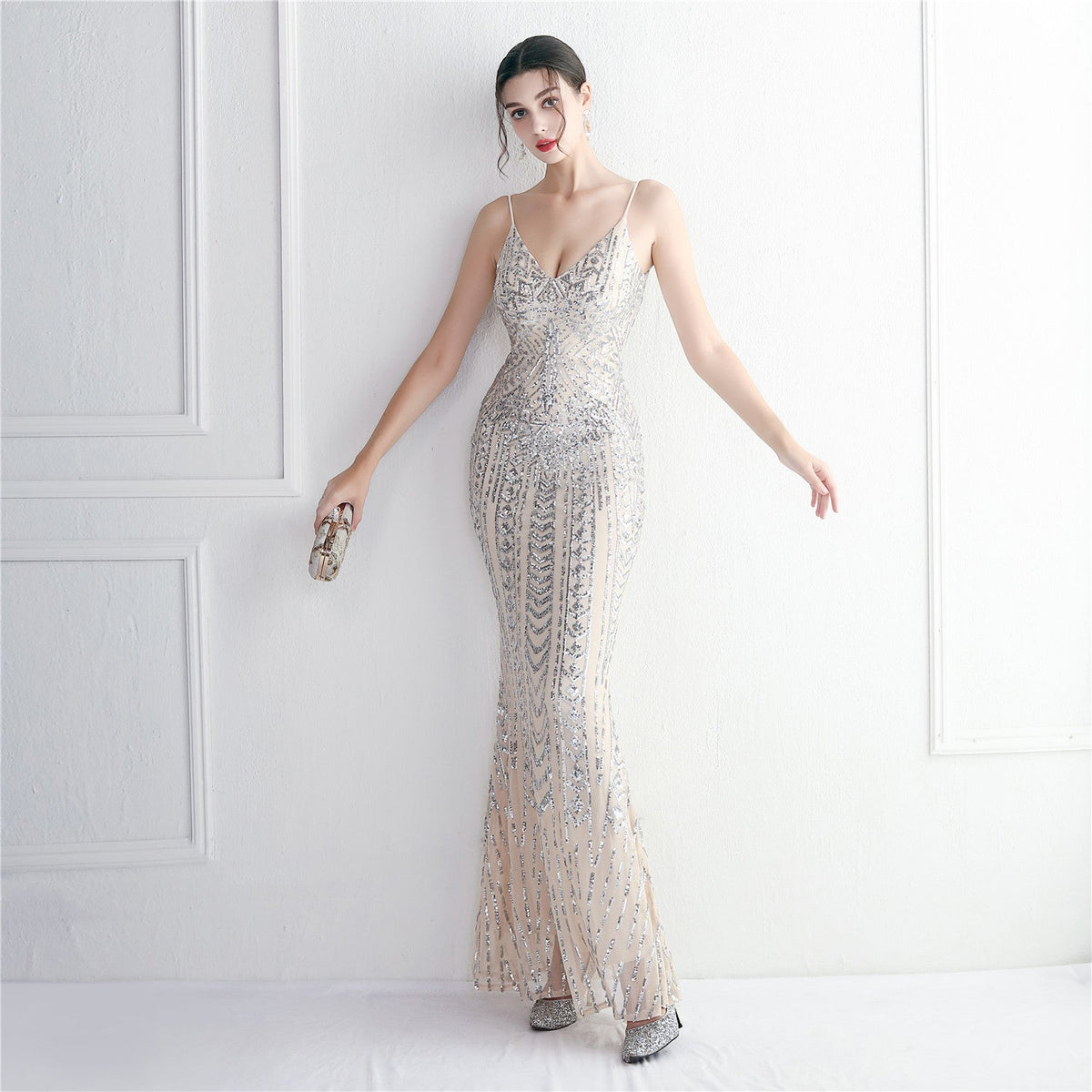 Sequin V-Neck Spaghetti Strap Mermaid Maxi Gown 6