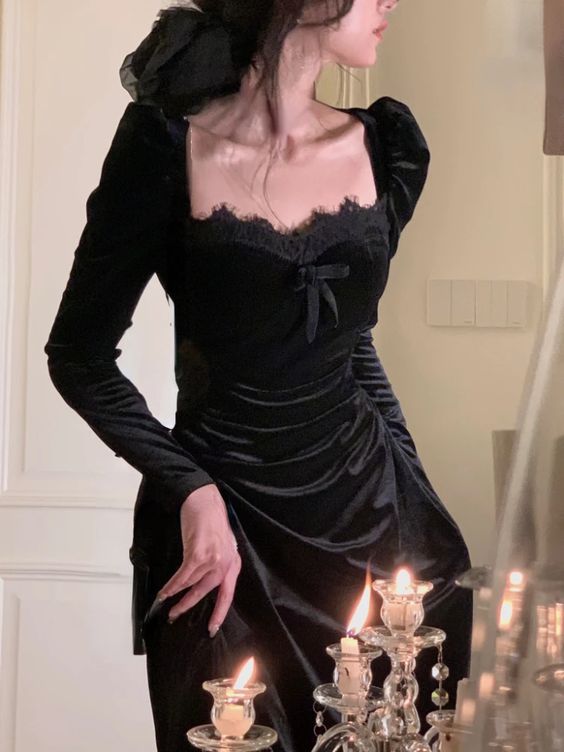 Vintage Balck Long Sleeve Dress Woman Elegant Fashion Velvet Midi Dress - Fashionpara