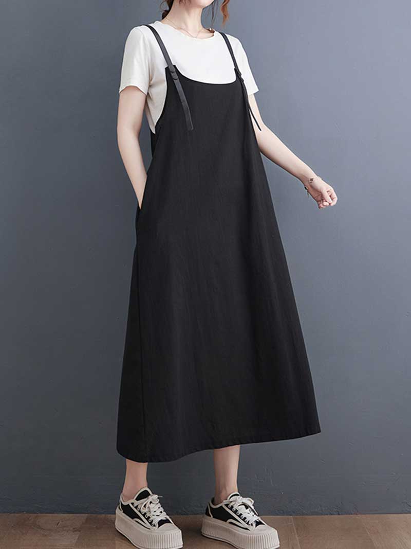 Plain Green Black Hemp Material Salopette Dress - Fashionpara