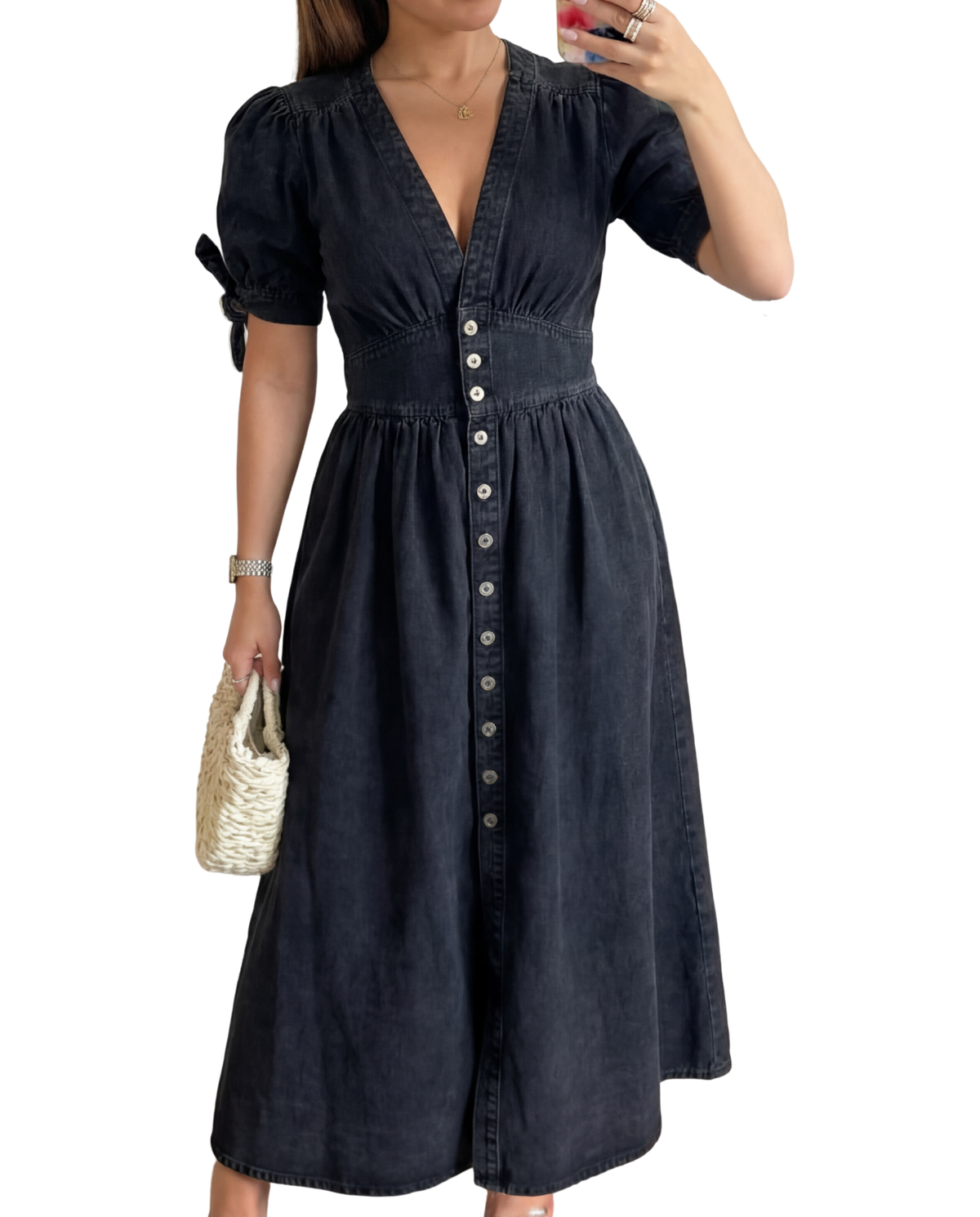 Denim Look V-Neck Tie Sleeve Button Front Midi Dress 4