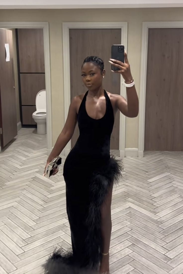 Sexy Black Halter Long Prom Dress with Feathers - Fashionpara