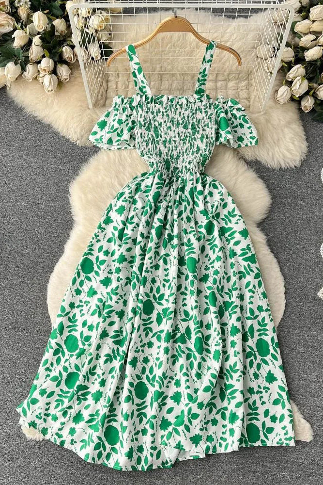 Romantic Floral Print Long Dress Off Shoulder Puff Sleeve Party Dress