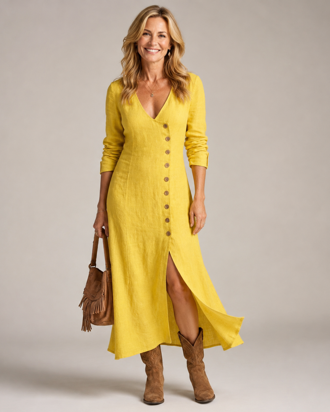 V-Neck Button Front Long Sleeve Slit Midi Dress