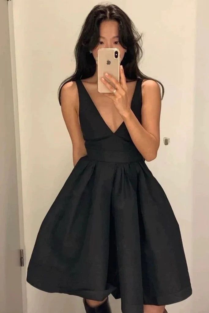 V Neck Black Backless Satin Short Prom Dresses, Open Back V Neck Short Black Formal Evening Homecoming Graduation Dresses - Fashionpara