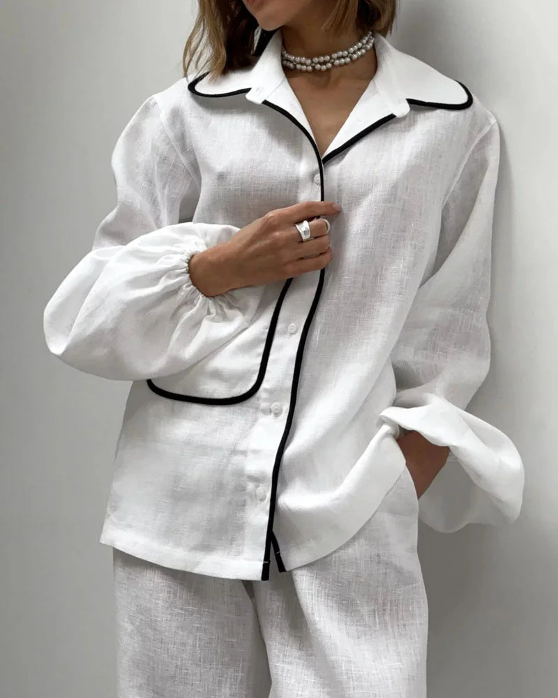 Fashion Contrast Cotton Linen Two-Piece Shirt & Pants Set - Fashionpara