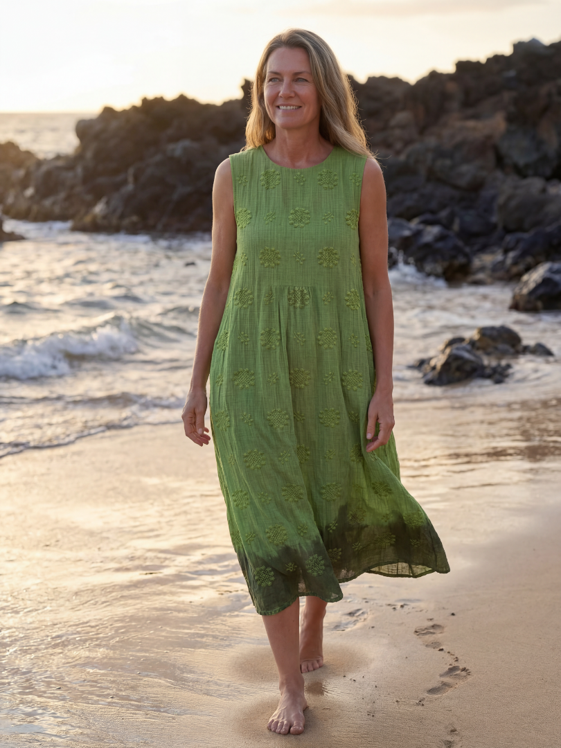 Round Neck Sleeveless Textured Embroidered Midi Dress